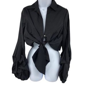 Petersyn Silvia Black Polka Dot Long Sleeve Cropped Blouse with Puff Sleeve